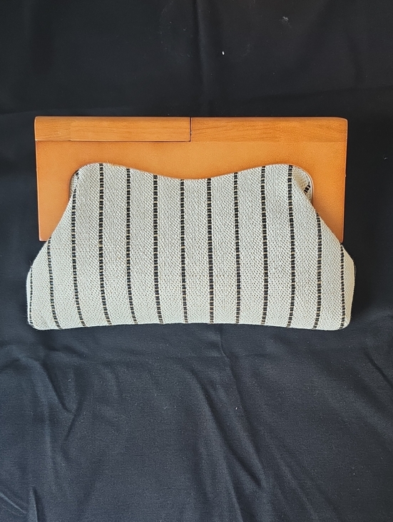 Handbags - Striped Knit Clutch in Cream and Black with Tan Accent